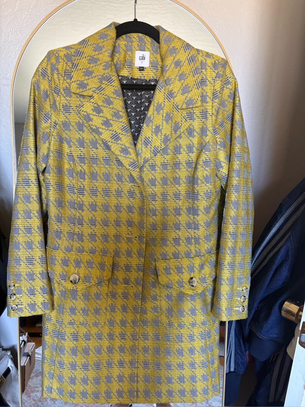 CAbi Yellow & Gray Houndstooth Knee-Length Pea Coat